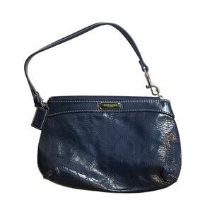 Coach Purse Dark Blue Patent Leather Wristlet Clutch Eyelet Logo Zip Strap